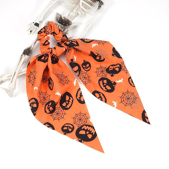 Halloween Hair Ties for Women Girls Spooky Spider Web Skeleton Bat Pumpkin Hair Scrunchies Black Orange Hair Tie Ribbon Hair Bows Hair Accessories