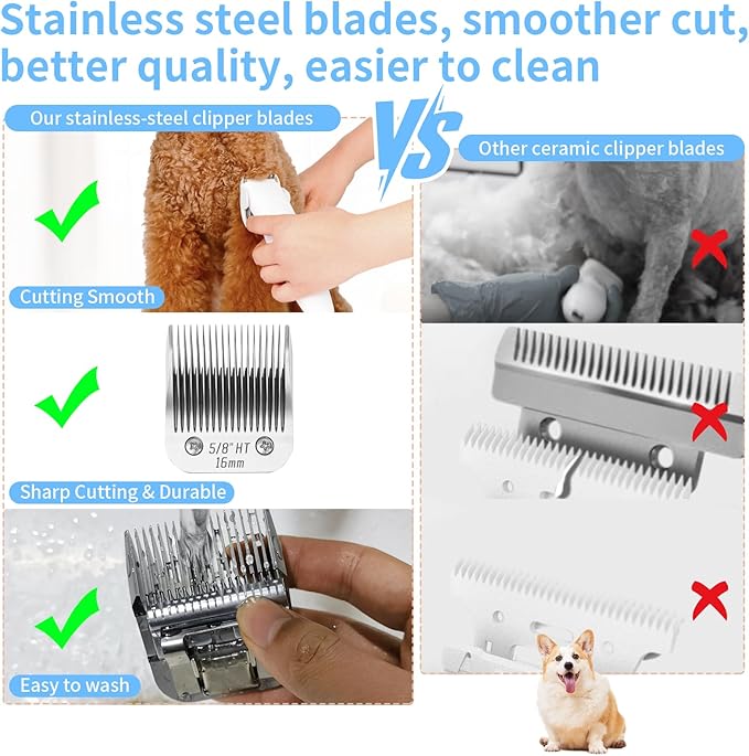 2 Pcs Size 5/8HT Detachable Dog Grooming Blades, Compatible with Andis, Oster A5, Wahl KM10 Series Clippers, Cut Length 16mm, Silver(5/8HT 16mm, 2 Packs)