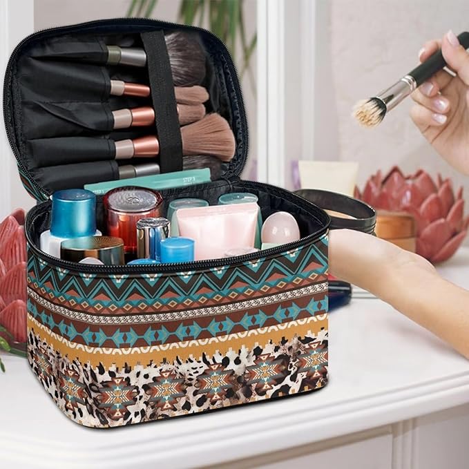 JoyLamoria Tote Bag Large Capacity Cosmetic Bag Toiletry Bag Case Zipper Closure Makeup Bag, Aztec Southwestern Leopard Print