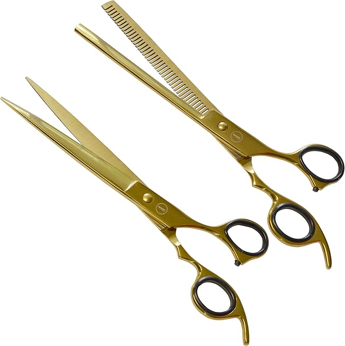ANDUSTRIAL - Professional Hair Cutting And Thinning Pet Grooming Scissors/Shears For Dogs, Cats - Premium Carbon Steel Quality - Smooth And Sharp - 8.5 Inch, Half Gold