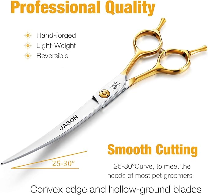 JASON 7.5" Curved Dog Grooming Scissors, Cats Grooming Shears Pets Trimming Kit for Right Handed Groomers, Sharp, Comfortable Shear