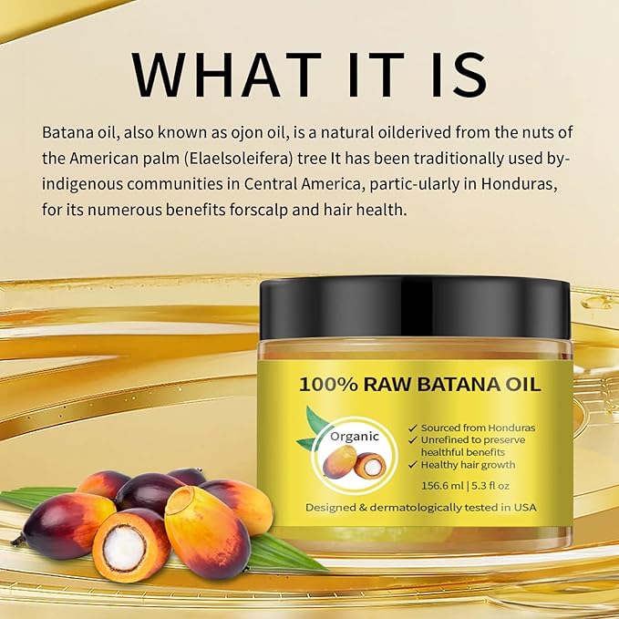 Batana Oil for Hair Growth – 100% Raw Unrefined Organic Ojon Oil from Honduras – Cold Pressed Hair Treatment for Thicker, Fuller, Healthier Hair – Dry Scalp & Damage Repair – 5.3 oz