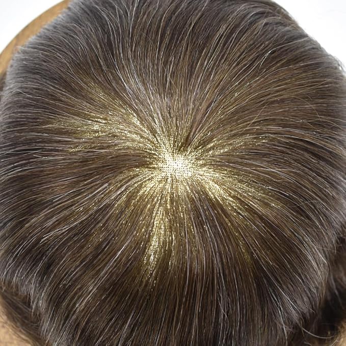 Toupee for Men French Lace Human Hair Replacement Systems Lace Center with Poly Around Hairpiece Mens Toupee V-Looped Front Male Hair Units 6"X9" #230