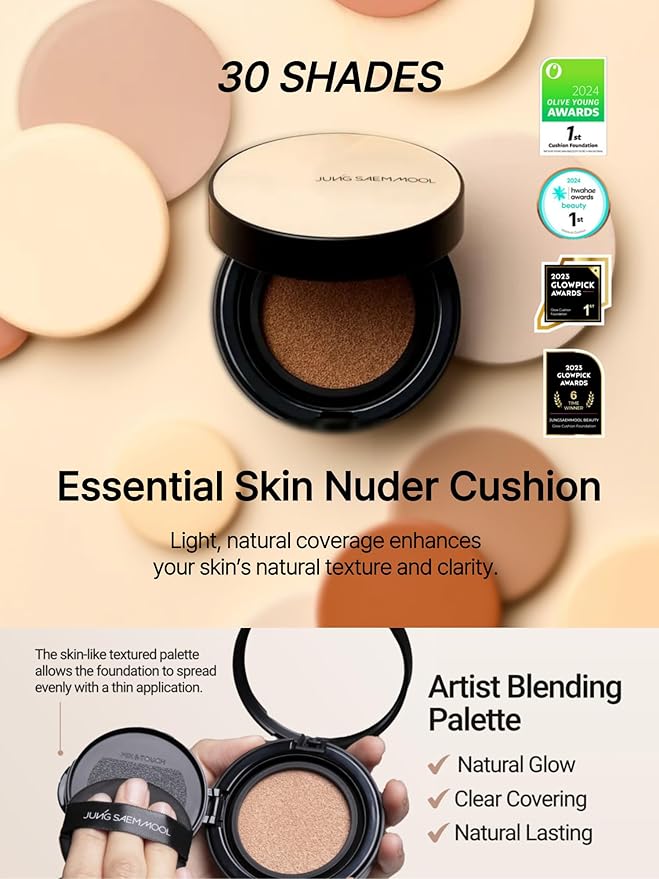 JUNG SAEM MOOL Essential Skin Nuder Cushion 30C Cinnamon 0.49 Fl Oz, No Refill, Natural Radiant Finish Cushion Foundation with Buildable Coverage, Lightweight Texture, Korean Foundation Makeup