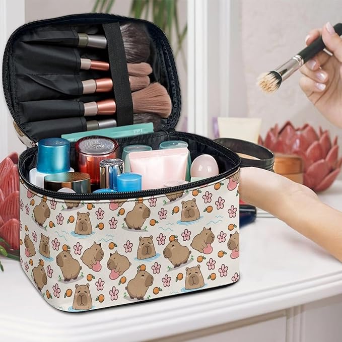 JoyLamoria Lightweight Cosmetic Case Travel Makeup Bag Cosmetic Pouch Tote Purse Cosmetic Bag with Floral Hippo Print