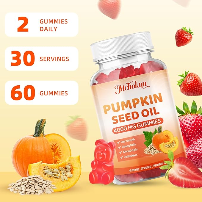 Pumpkin Seed Oil Supplement Gummies 4000mg with Saw Palmetto for Hair Growth & Skin Health, High Pure Extract for Women & Men Extra Strength Pumpkin Seed, Strawberry Flavor, 120 Count