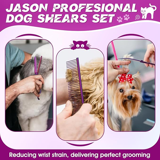 JASON Professional 6 in 1 Dog Shears Kit - 6.5" Thinning, 7" Straight, 7" Up-Curved, 7" Down-Curved Scissors and Comb for Cat, Pet with Adjustable Screw (Purple)
