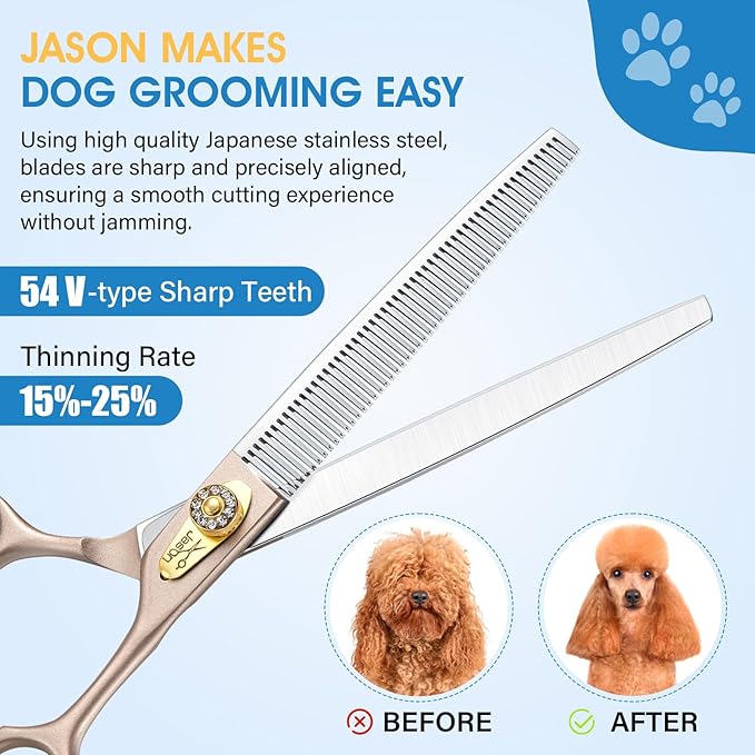 JASON 7.5" Dog Grooming Scissors - Professional Thinning Shear with 54 Teeth Japanese 440C Stainless Steel Blender Scissor for Dogs, Cats and Other Animals Christmas Gift