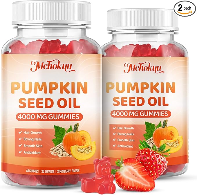 Pumpkin Seed Oil Supplement Gummies 4000mg with Saw Palmetto for Hair Growth & Skin Health, High Pure Extract for Women & Men Extra Strength Pumpkin Seed, Strawberry Flavor, 120 Count