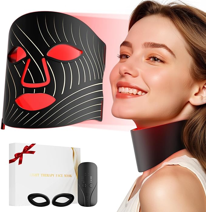 Red Light Therapy for Face,LED Face Mask Light Therapy with Neck Device,103 3-in-1 Light Beads,Remoter Rechargeable,Timing Function,Infrared Red Light Therapy Mask for Home Working Travel Yoga Sleep