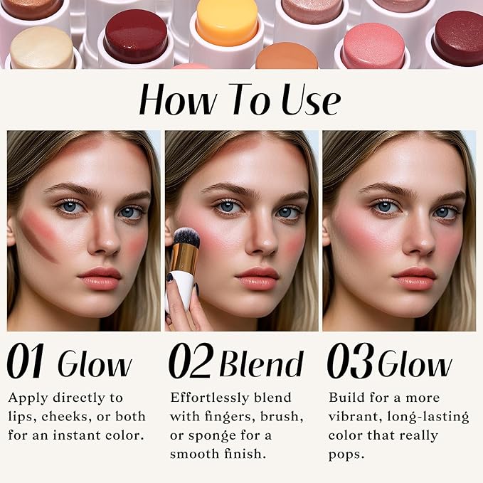 KIMUSE Face Sticks Trio, Cream Blush Stick & Highlighter Stick & Contour Stick for Sculpt the Cheeks, Long Lasting Cream Contour Stick Trio for Face Makeup, with Brush