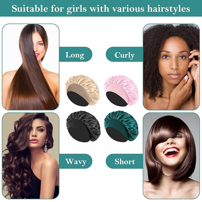 4Pcs Silk Hair Bonnets for Sleeping - Elastic Wide Band Satin Hair Wrap for Sleeping Black Women Men,Bonnets for Curly Hair,Silk Sleep Cap (Black & Blue & Pink & Khaki)