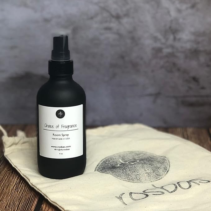 Rosbas Room Spray, Vanilla Scented, Matte Black Glass Bottle, 4 oz, Drawstring Cotton Bag, Long Lasting Scented Air Freshener, Non-Aerosol, Handmade in the USA