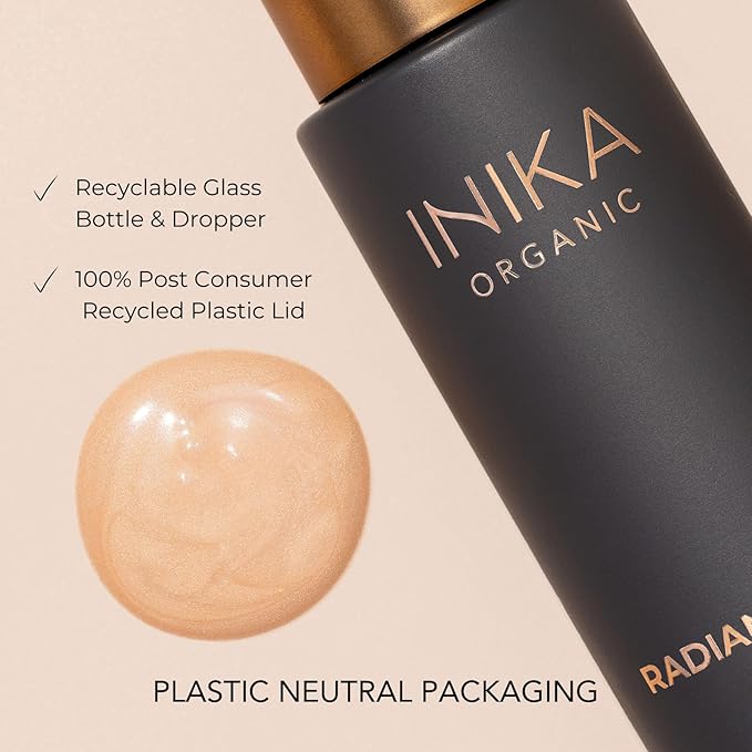 INIKA Organic Radiant Glow | Illuminate & Prime. Dewy, radiant Finish. Beautifying Primer, Nourishing Moisturiser, Finishing Highlighter. 100% Natural, 72% Organic Ingredients. Alcohol Free. 30mL