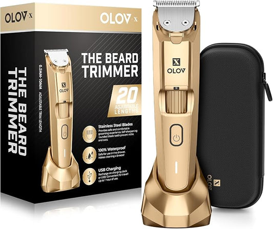 Men's Beard Trimmer- All-in-One Trimmer with Precision Dial - Premium Facial Hair Groomer - Adjustable 20 Length Setting, USB Recharge Dock, Cordless Waterproof Wet/Dry Clipper, Gold