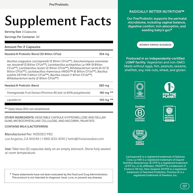 Needed. Expertly-Formulated & Tested Prebiotic & Probiotic for Prenatal, Pregnancy, Breastfeeding, & Postpartum | Balance Mood, Boost Immunity, Healthy Microbiome for Mother & Baby | 60 Capsules