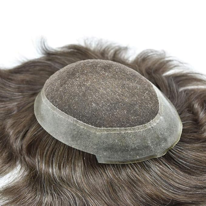 FACE MIRACLE Toupee for Men French Lace Hairpiece Human Hair Replacement System Skin PU Mens Toupee V-Looped Front Hair System 8"X10" #230 2# DARKEST BROWN WITH 30% SYNTHETIC GREY