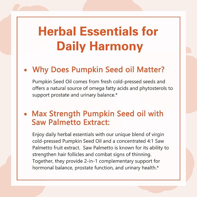 Pumpkin Seed Oil with Saw Palmetto, 3000mg Per Serving, 300 Softgels | Cold Pressed, Pure Virgin Oil, Essential Fatty Acids & Phytosterols | Supports Hair, Urinary, Bladder & Prostate Health | Non-GMO