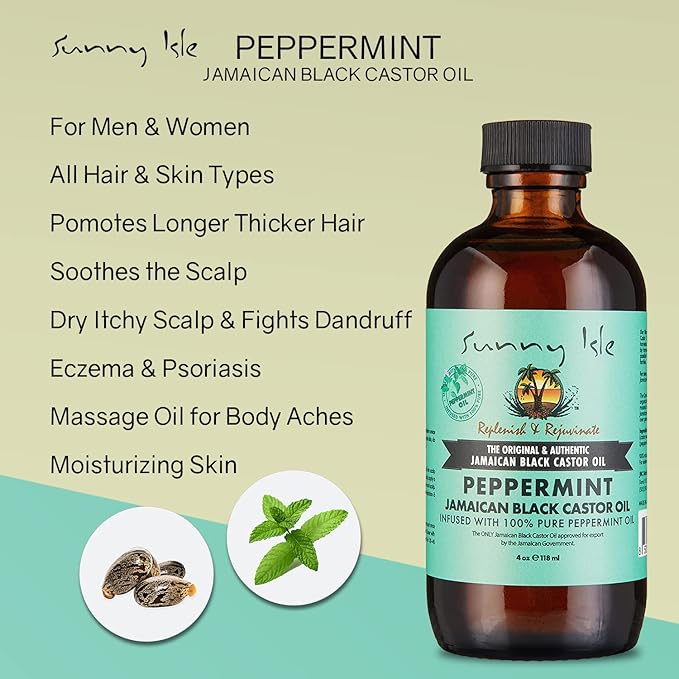 Sunny Isle Jamaican Black Castor Oil with Peppermint 4oz | Promotes Longer, Thicker, Hair | Soothes Dry Itchy Scalp | Moisturizes Skin & Helps with Eczema, Psoriasis and Muscle Aches