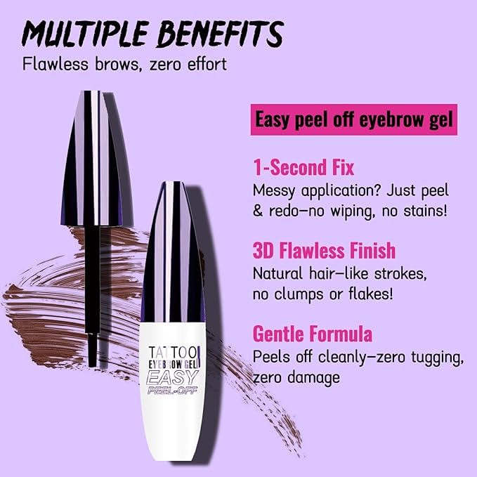 Easy Peel Off Eyebrow Gel, Tattoo Eyebrow Gel Easy Peel Off, Waterproof & Transfer-Proof Lasts Up to 3 Days Brow Color for Women, Create Fuller & Defined Looking Brows At-Home (02# Light Brown)