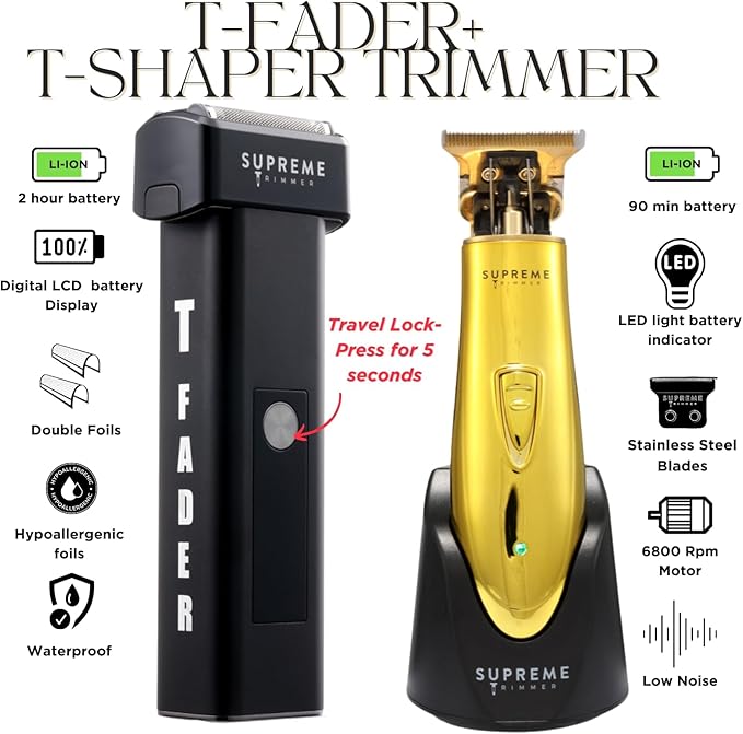 Supreme Trimmer 2-in-1 T-Fader Foil Shaver & T-Shaper Trimmer Set | ST5200 Beard Trimmer STF501 Electric Razor | Travel Hair Trimmer | Gold