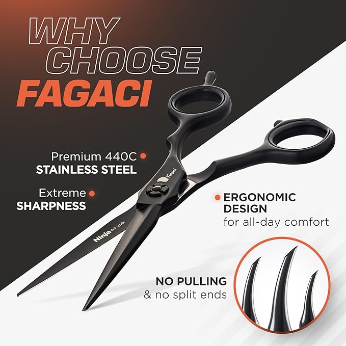 Fagaci Hair Scissors Professional 6” 440C Steel for Superior Precision, Extremely Sharp Blades Hair Cutting Scissors for Women & Men, Durable Sharpness Hair Shears for Hair Cutting, Barber Scissors