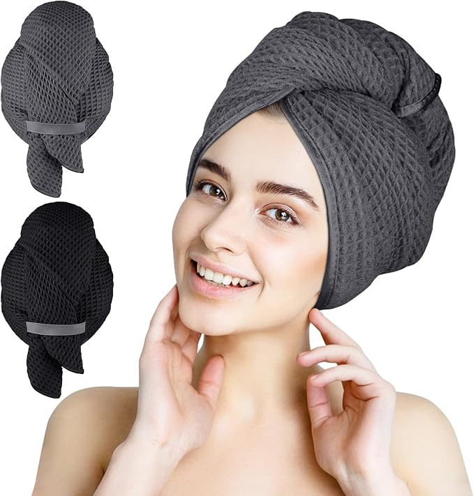 HOMEXCEL 2 Pack XL Microfiber Hair Towels Waffle Weave- 40 x 26.5 inches Fast Drying Turbans for Long, Thick, Curly Hair - Anti Frizz Wrap with Elastic Strap, Black/Grey