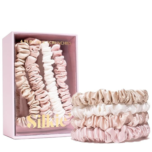 SILKIE x4 Set 100% Pure Mulberry Silk Pink Nude Neutral Skinny Scrunchies Travel Pouch Everyday Hair Ties Elastics Hair Care Ponytail Holder No Damage (Nudes)