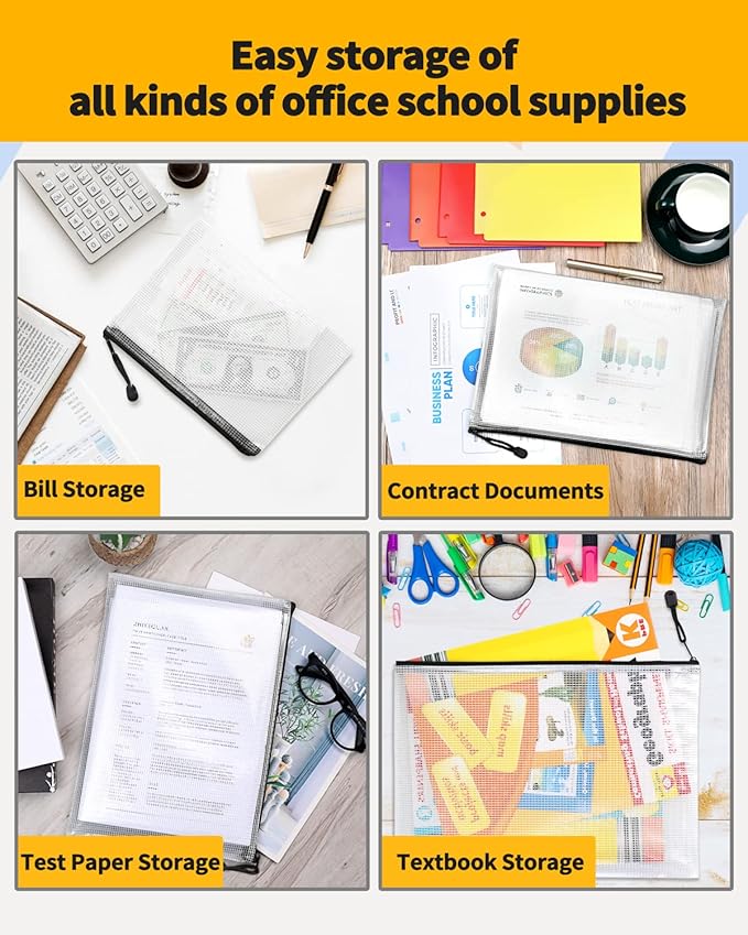 SUNEE Plastic Mesh Zipper Pouch 9.2x12.5 in (Black, 18 Packs),Extra Large Water-Resistant Zip Bag for School Office Supplies, Puzzles & Games Organizing Storage