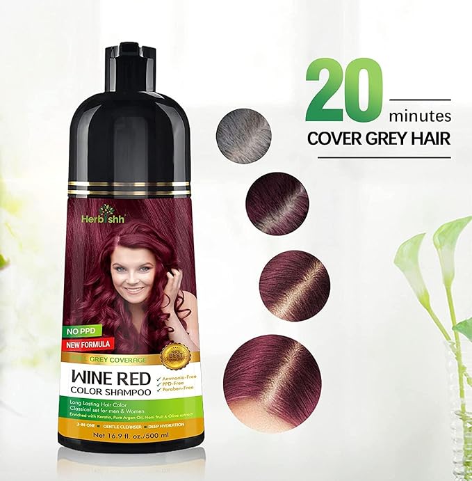 Herbishh Hair Color Shampoo - Magic Dye for Gray Hair, Long Lasting Color in Minutes, 3-In-1, Ammonia-Free, 500 Ml (Wine Red)