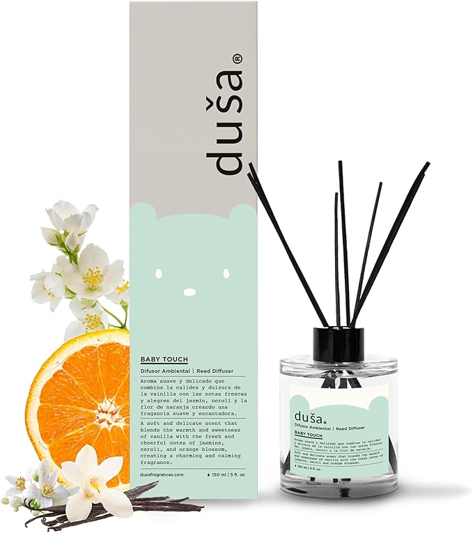 Duša Babies Reed Diffuser & Sticks - 5 Fl Oz Essential Home Fragrance Decor for Bathroom, Office & Living Spaces –Stylish & Long-Lasting Room Air Freshener -Ideal for Housewarming & Special Occasions