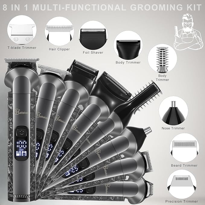 Hatteker 8-in-1 Multi-Functional Grooming Kit for Men Beard Trimmer for Men Hair Clipper Precision TrimmerNose Ear Trimmer Body Groomer Zero-Gap T-Blade, IPX7 Waterproof Cordless Trimmer Set