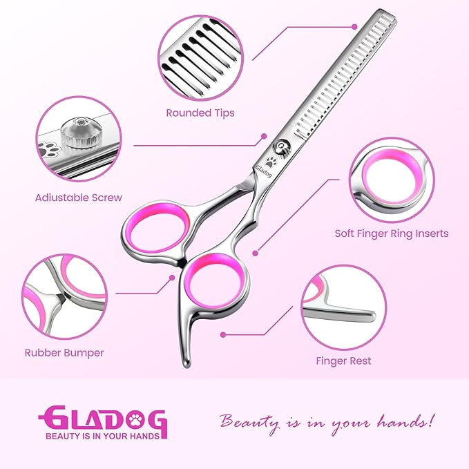 GLADOG Professional 4 in 1 Dog Grooming Scissors Set with Safety Round Tips, Sharp and Heavy-duty Pet Grooming Shears for Cats (Red)