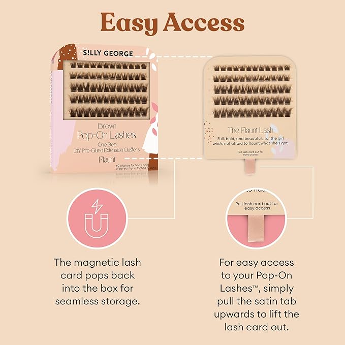 Silly George Pop-On Lashes - DIY 1-Step Pre-Glued Faux Eyelash Clusters, Natural Look Extensions, Brown - Flaunt, 5-7 Pair Set, Pack of 60 Clusters