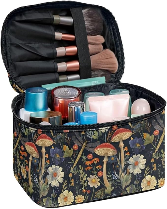 JoyLamoria Portable Makeup Case Retro Mushroom Printed Cosmetics Tote Pouch Zipper Closure