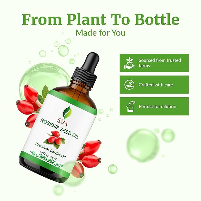 SVA Rosehip Seed Oil - 4 Fl Oz – 100% Natural & Cold Pressed - for Face, Skin Care, Hair Care, Scalp Massage & Body Massage – Carrier Oil with Dropper
