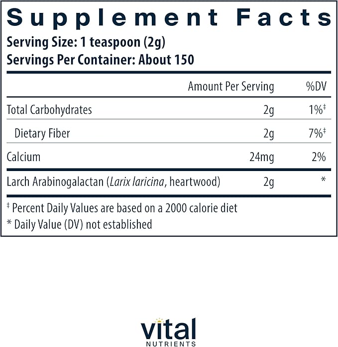 Vital Nutrients Arabinogalactan Powder | Vegan Prebiotic Fiber Supplement for GI Health, Liver, and Immune Support* | Gluten, Dairy, Soy Free | Non-GMO | 300g