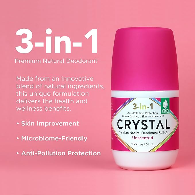 Crystal 3-in-1 BioHealth Deodorant, Unscented, Natural Odor Protection with Aloe & Hyaluronic Acid, Microbiome-Friendly, Moisturizing, Anti-Pollution Formula (2.25 Fl Oz)