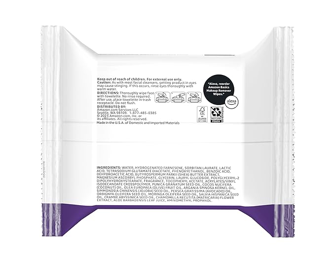 Amazon Basics Makeup Remover Wipes, Gentle Cleansing, Dermatologist Tested, Night Calming, Plant Based, Alcohol-Free, Removes Waterproof Mascara, 25 Count Per Pack, Pack of 1