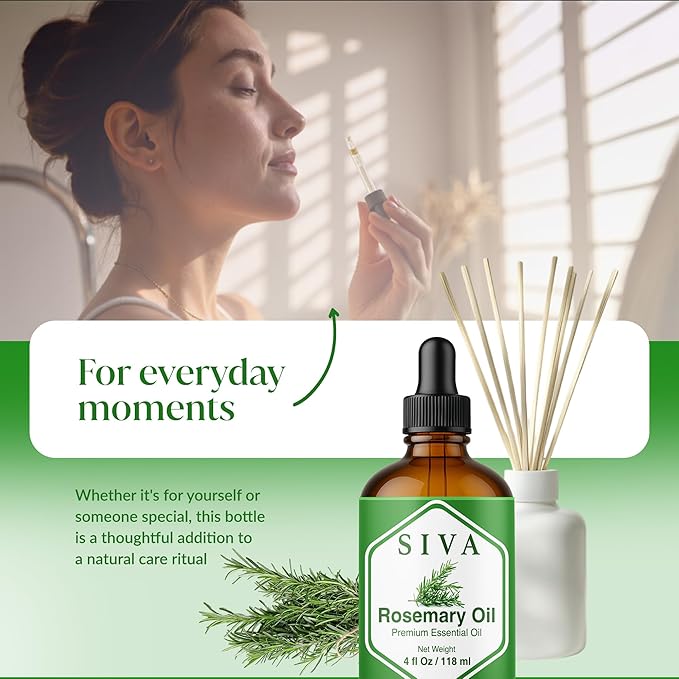 Siva Rosemary Essential Oil - 4 Fl Oz – 100% Natural Rosemary Oil - for Diffuser, Face, Skin Care, Aromatherapy, Hair Care, Scalp and Body Massage - with Dropper
