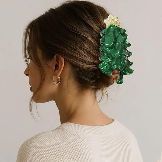 1pc Christmas Tree Hair Clip, Xmas Acetic Acid Claw Clips, Large Hair Claw Clips for Thick/Thin Hair, Cute Green Tree Design Medium Hairpin, Sparkling Hair Accessories for Christmas Decor
