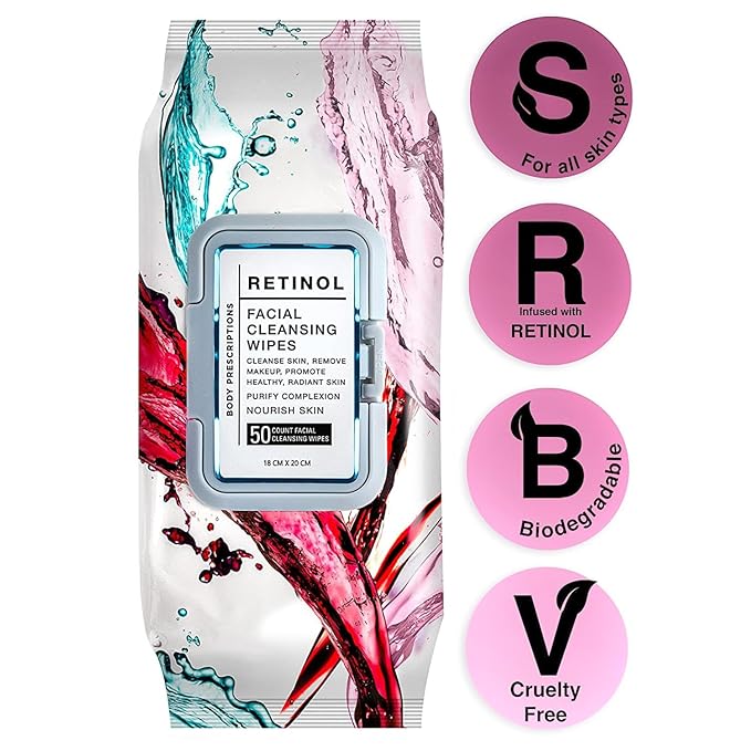 Body Prescription Makeup Cleansing Wipes - Gentle and Effective Face Wipes, 50 Count (Pack of 4), Retinol