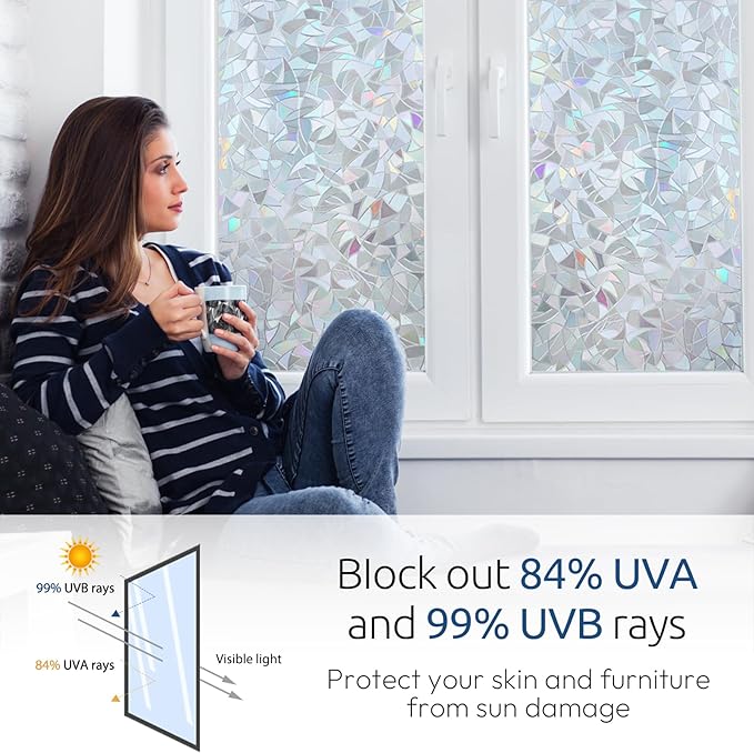 rabbitgoo Window Privacy Film Rainbow Film Decorative Window Sticker, 3D Static Stained Glass Cling Tint for Home Heat Control Non-Adhesive, Grayish Silver, 35.4 x 118.1 inches