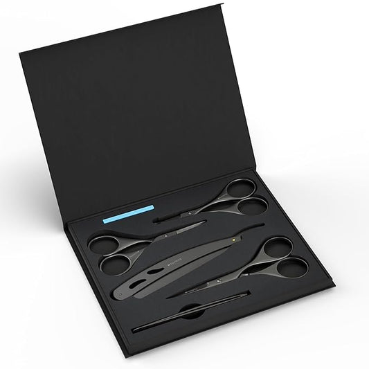 Suvorna Premium Beard & Mustache Set with Beard scissors for men, Straight Razor with blades- Facial Hair/Nose/Eyebrow Scissors - Slant Tweezers (6 Pcs Black)