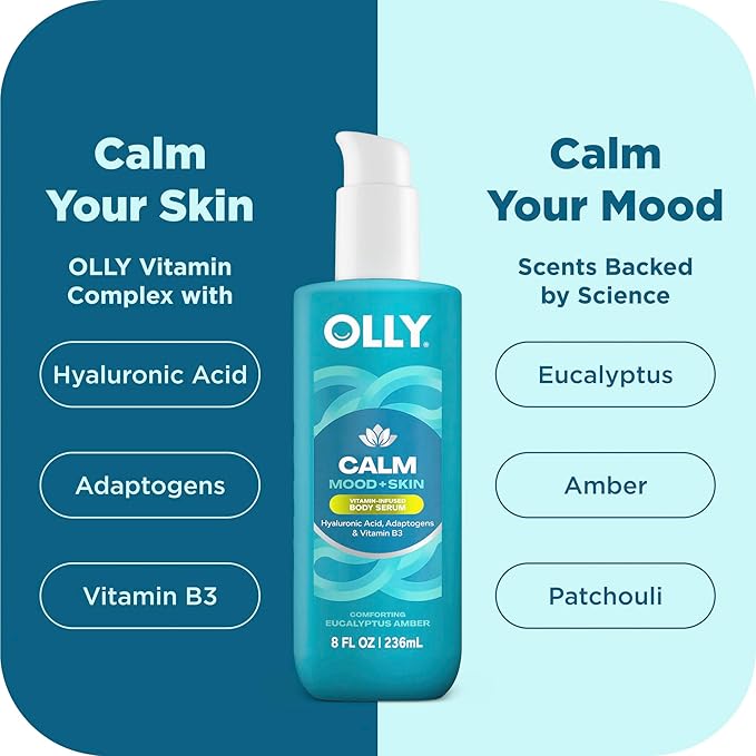 OLLY Calm Body Lotion-Serum with Hyaluronic Acid, Adaptogens & Vitamin B3– Nourishing Cleanser for Skin Barrier Repair, Deep Hydration, Eucalyptus Amber Scent, 8oz