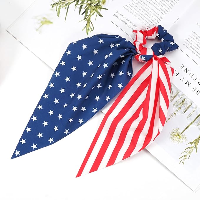 4th of July Hair Ties for Women Girls Independence Day American Flag Hair Scrunchies Red White and Blue Star Patriotic Hair Tie Memorial Day Ribbon Hair Bows