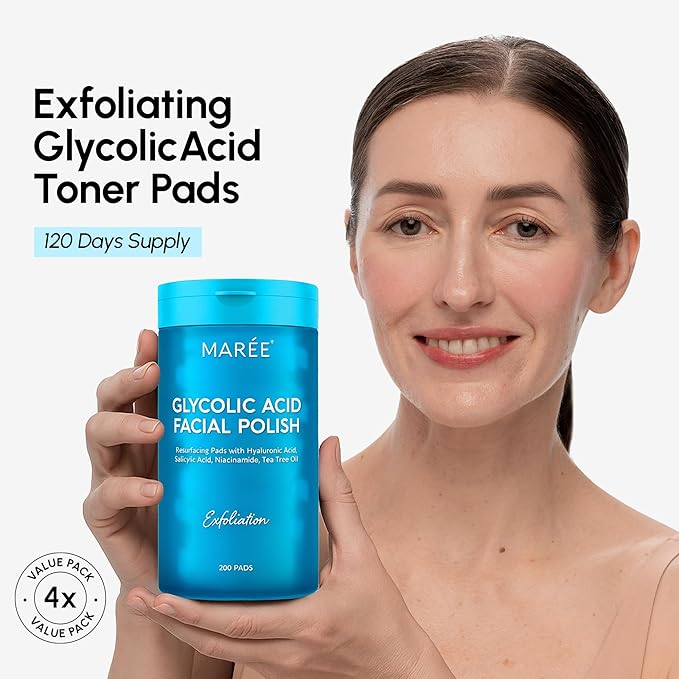 MAREE Glycolic Toner Pads – 200 Toner Pads for Face Cleansing – Facial Exfoliating Pad with Tea Tree Oil, Salicylic Acid & Vitamins E, B3, B5 – Acne Clearing, Skin Pore Resurfacing & Radiance Device