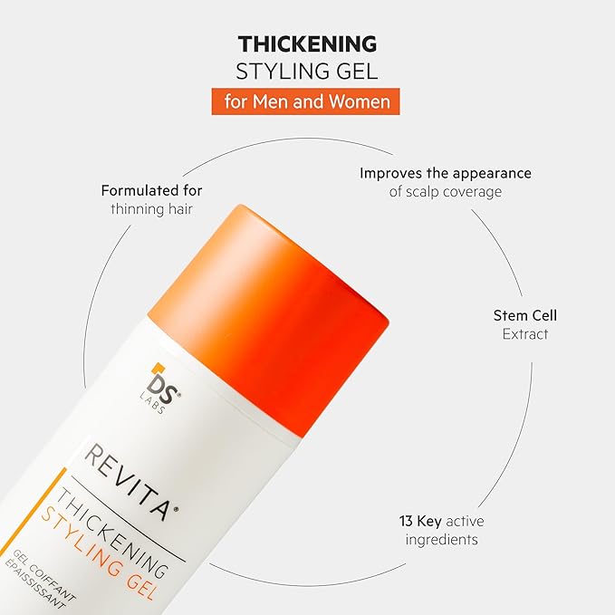 DS Labs Revita Hair Styling Gel for All Hair Types - Medium Hold, Volumizing & Thicker Looking Finish, With Ginseng, Zinc & Caffeine, Water Based, No Flakes or Residue, 3.4 Fl Oz
