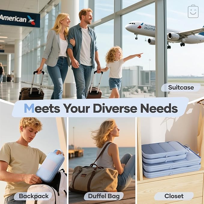 Veken 9/11 Set Compression Packing Cubes for Travel Essentials,Compressible Expandable Large Luggage Suitcase Organizer Bags for Clothing,Durable Space Saver Storage Bags(Light Blue)