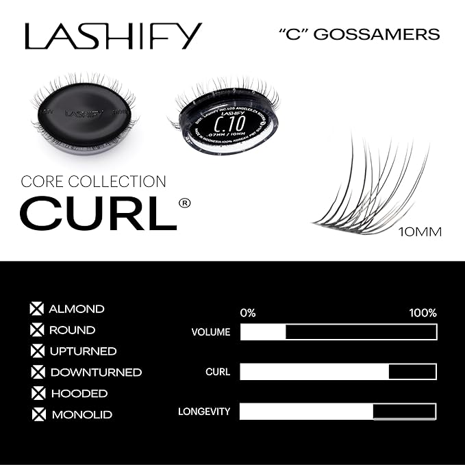 Lashify Curl 10mm Gossamer DIY Eyelash Extensions Refill, Black, Easy False Eyelashes for a Natural Look